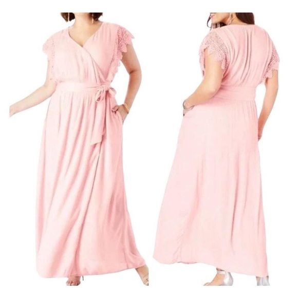 NWT Roaman’s Wrap Maxi Dress Lace Sleeves Size 12W Blush Pink - Picture 1 of 11